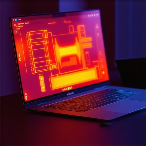 A thermal heat map visualization of a laptop showing heat concentration near the vents during high-performance tasks.